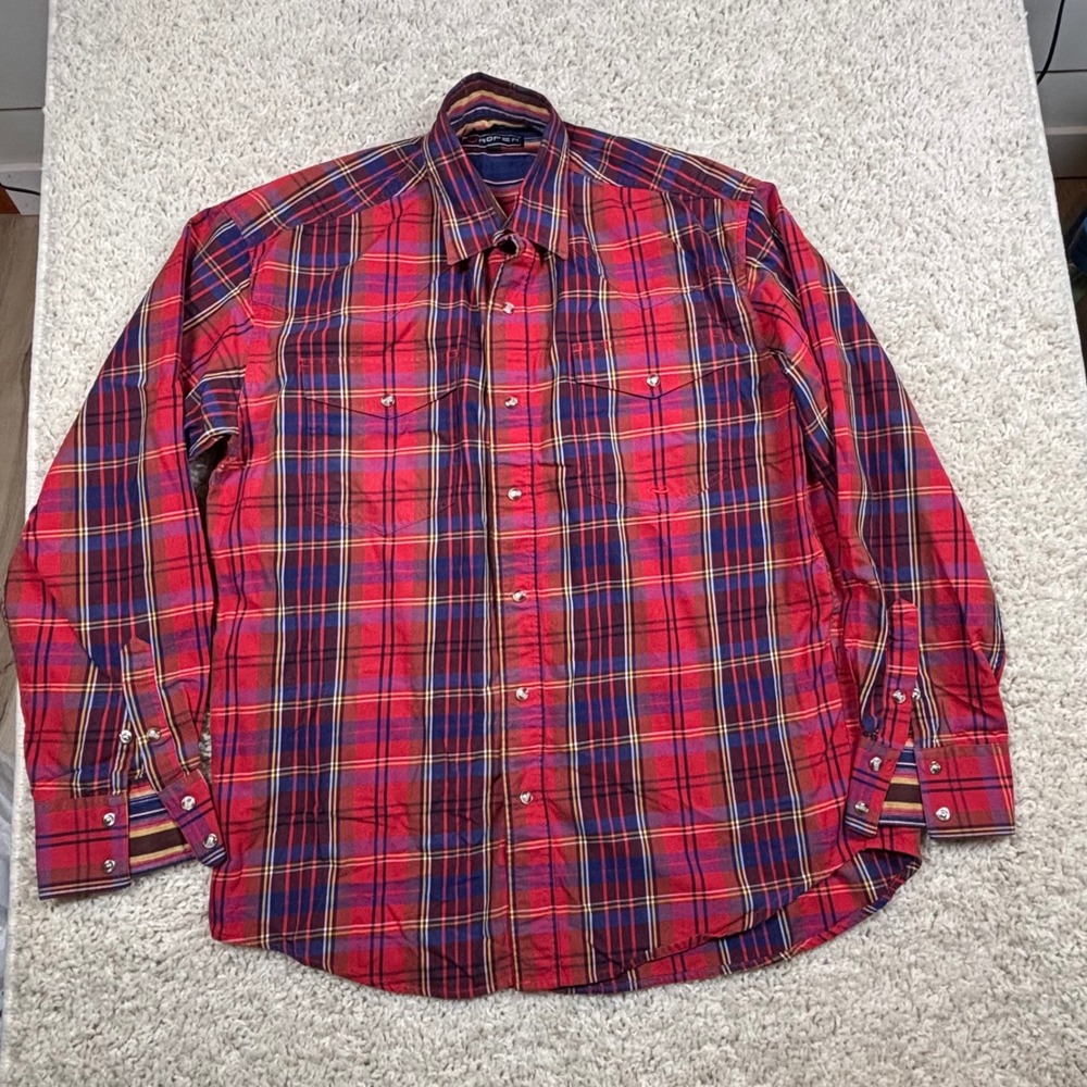Roper Men's Plaid Western Snap Long Sleeve Shirt‎ Red Blue Yellow Size Medium
